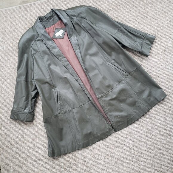 Vintage 80s Leather Swing Coat Women's 2X Olive Green - Picture 1 of 11